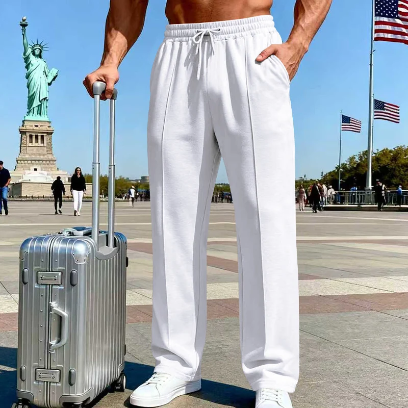 Pantalones rectos de hombre con cintura elástica y cordón ajustable.