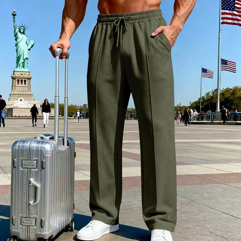 Pantalones rectos de hombre con cintura elástica y cordón ajustable.
