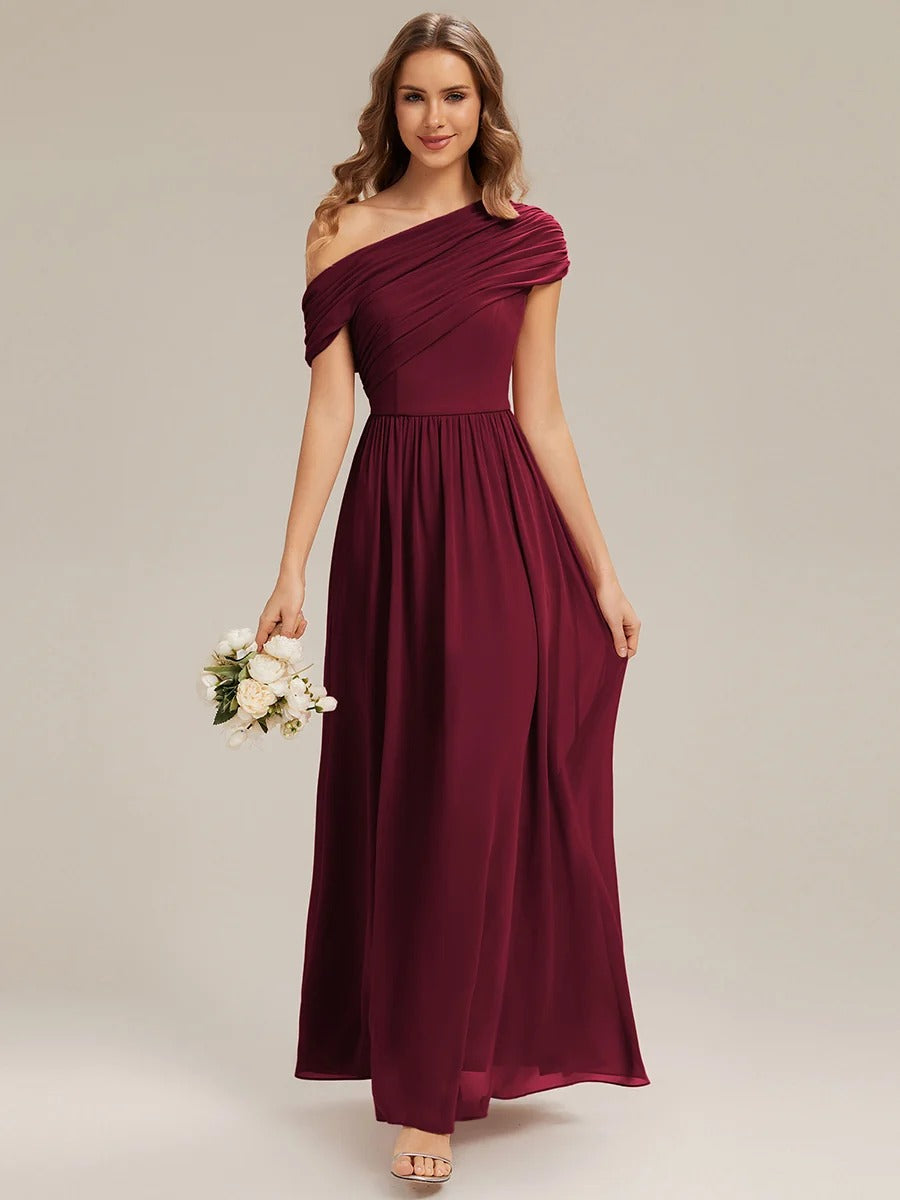 Sandra - Vestido largo asimétrico sin tirantes de corte A con detalle fruncido