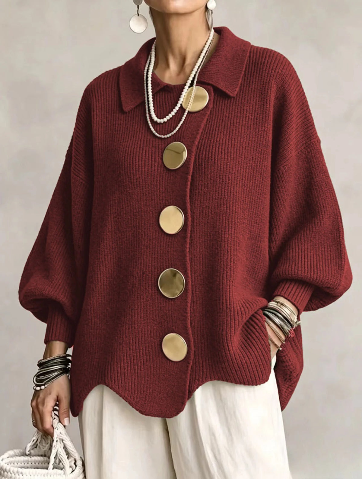 Cárdigan oversize con cuello y botones grandes metálicos