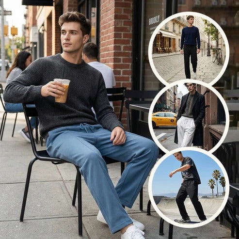 Pantalones rectos de hombre con cintura elástica y cordón ajustable.