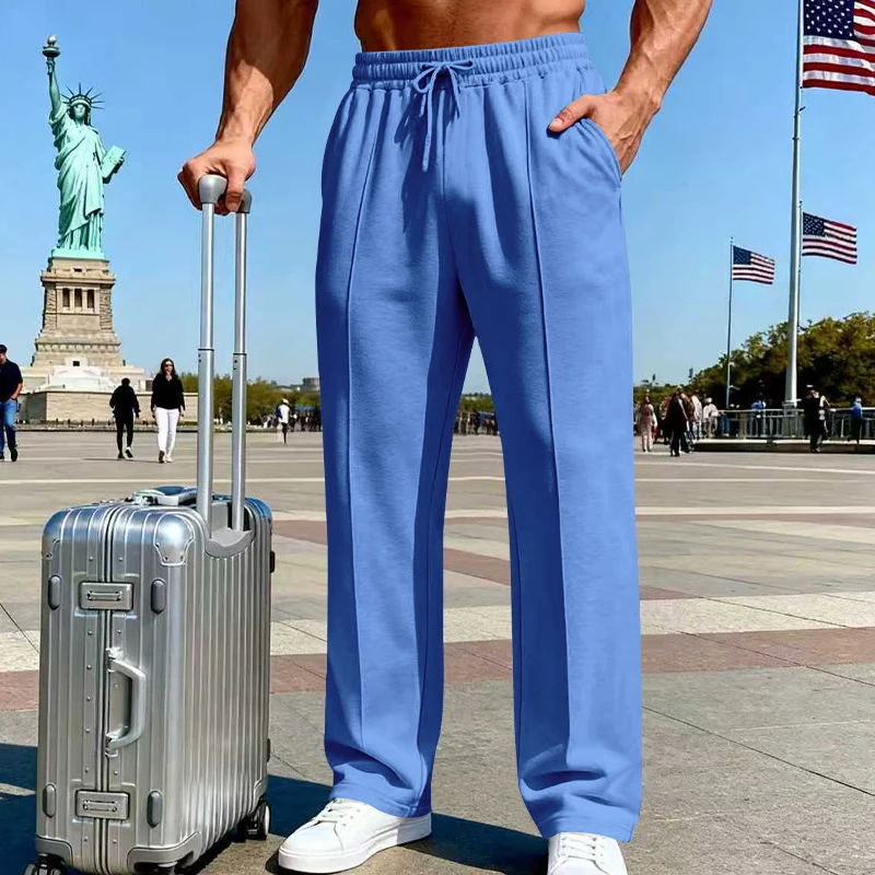 Pantalones rectos de hombre con cintura elástica y cordón ajustable.