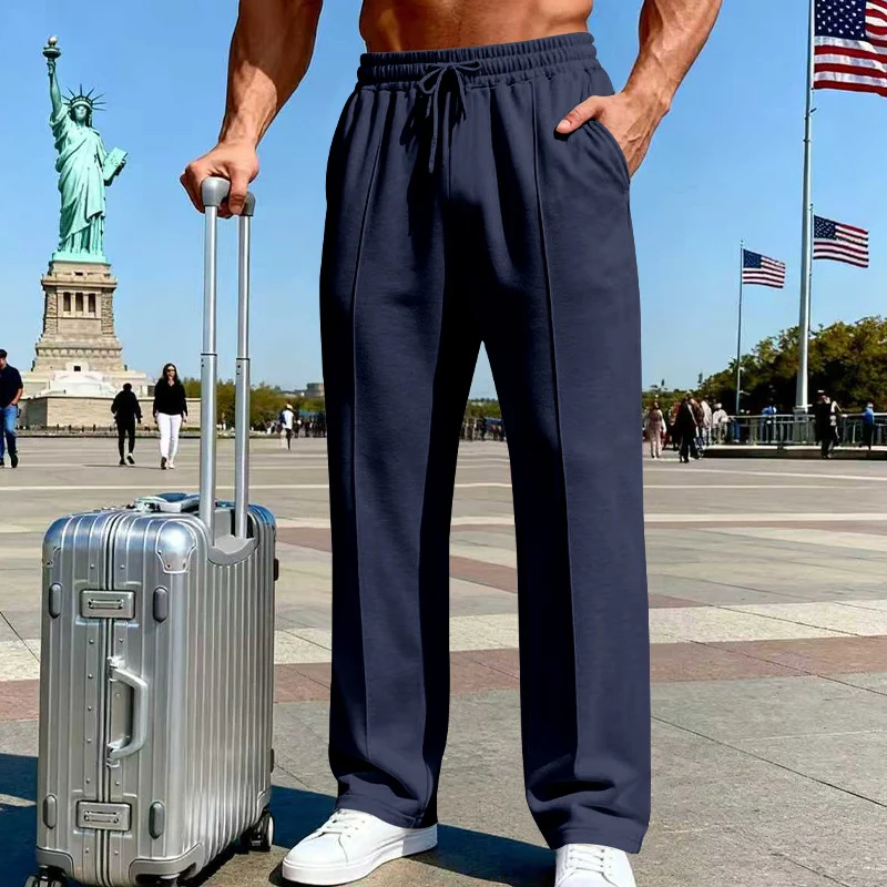 Pantalones rectos de hombre con cintura elástica y cordón ajustable.