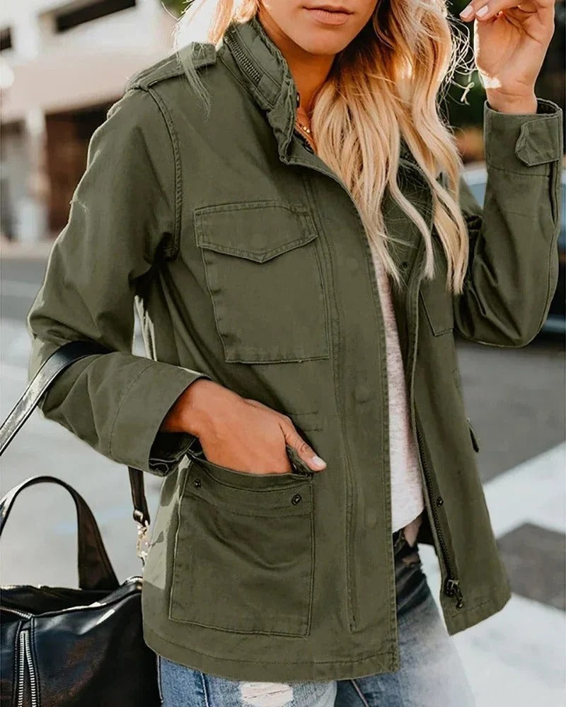 Chaqueta utilitaria de mujer para entretiempo, con cuello alto y bolsillos, de estilo informal