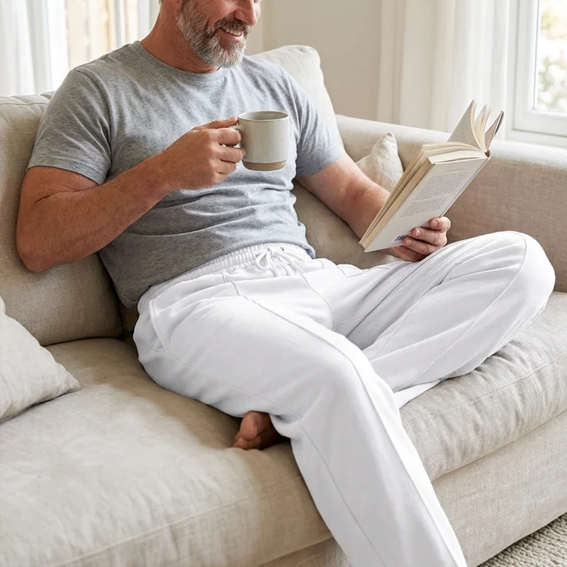 Pantalones rectos de hombre con cintura elástica y cordón ajustable.