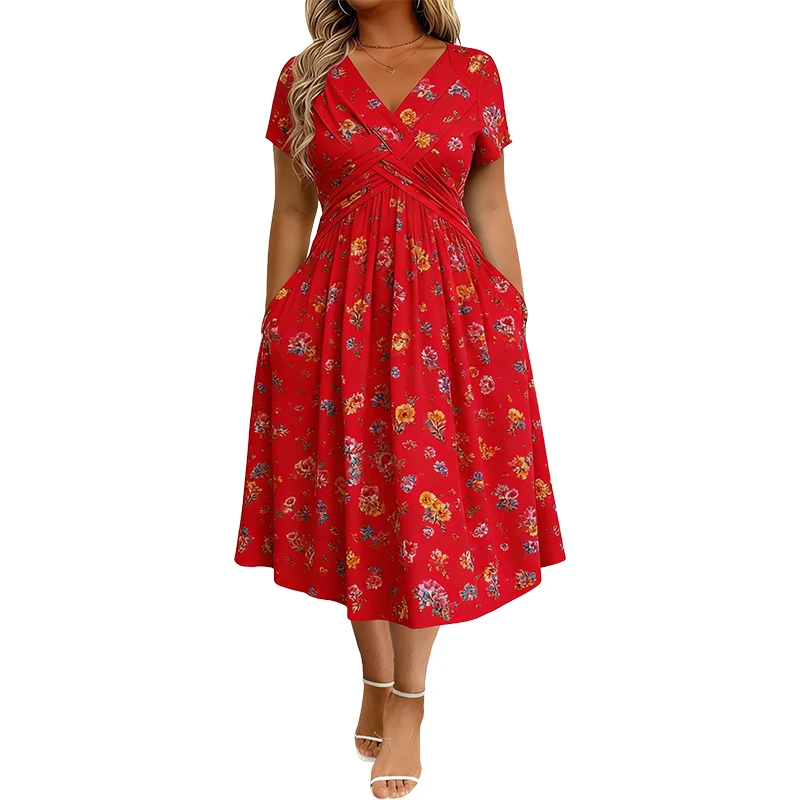 Vestido de mujer con escote en V, estampado floral.