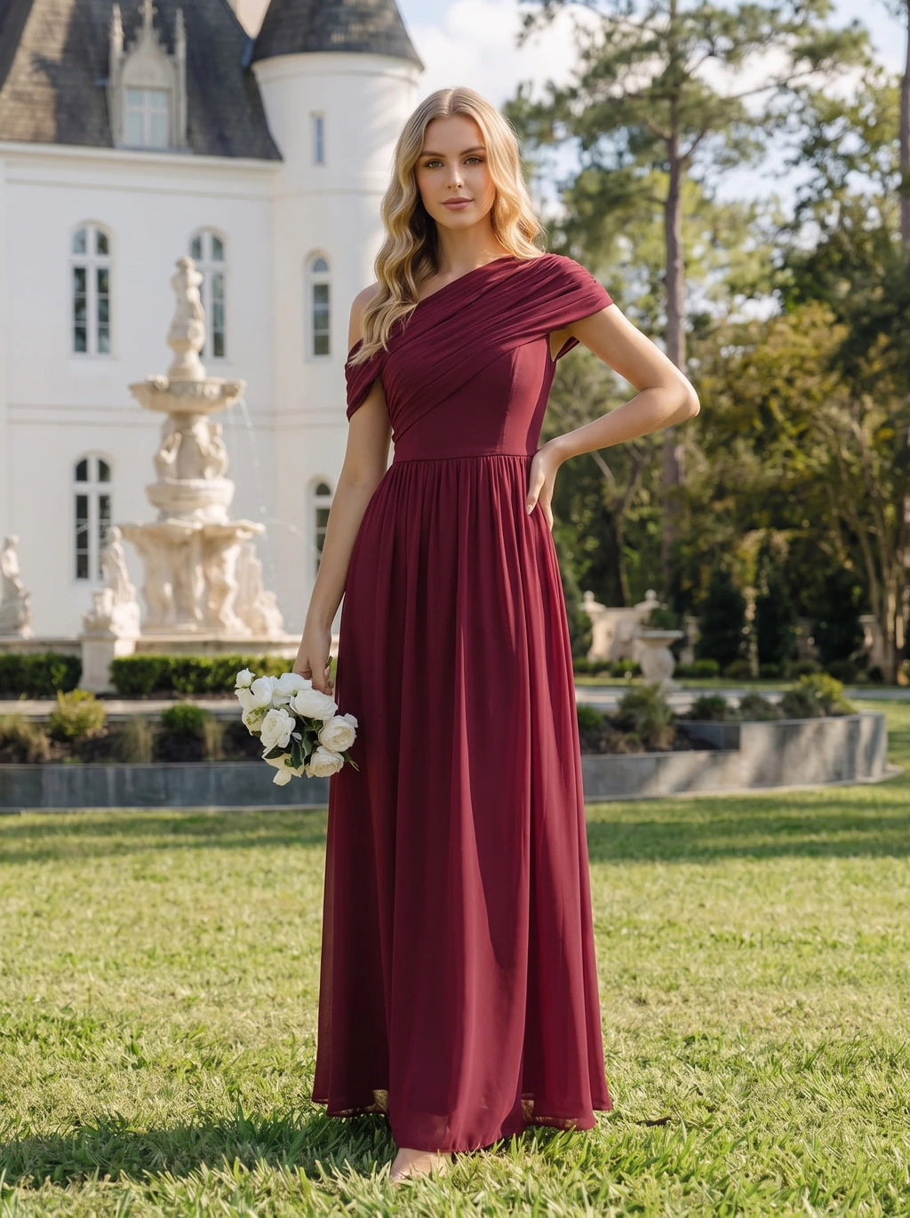 Sandra - Vestido largo asimétrico sin tirantes de corte A con detalle fruncido