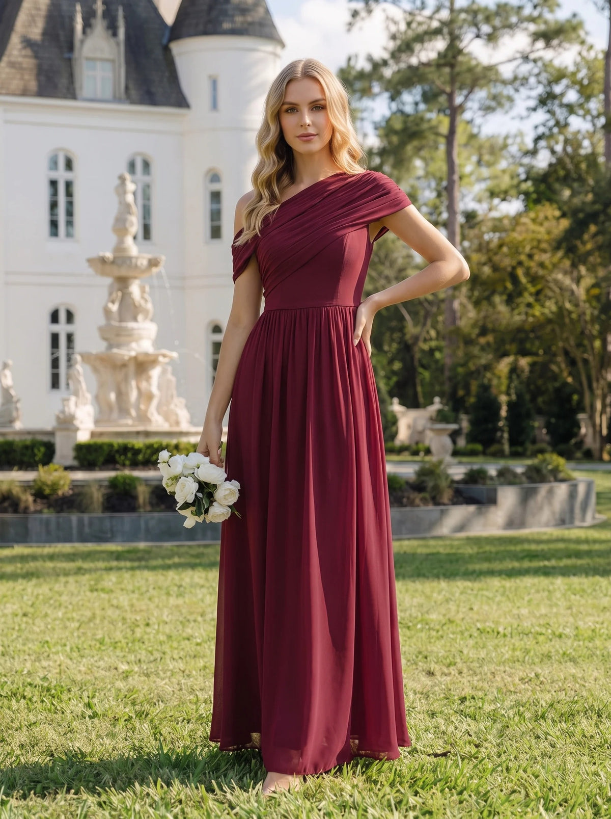 Sandra - Vestido largo asimétrico sin tirantes de corte A con detalle fruncido