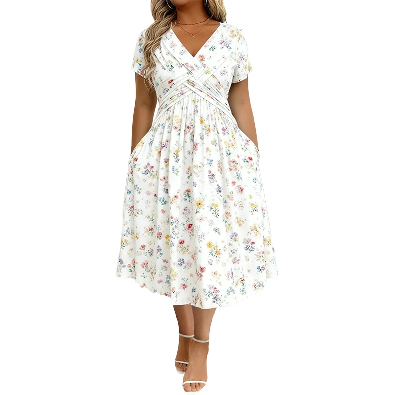 Vestido de mujer con escote en V, estampado floral.