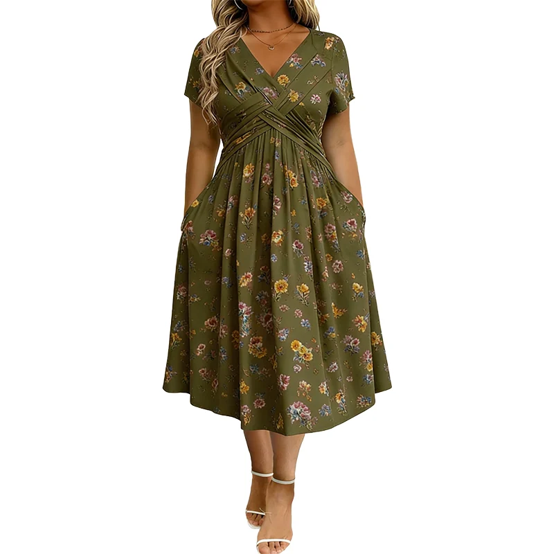 Vestido de mujer con escote en V, estampado floral.