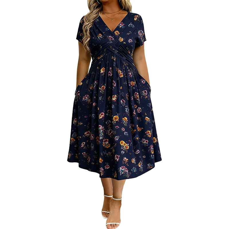 Vestido de mujer con escote en V, estampado floral.