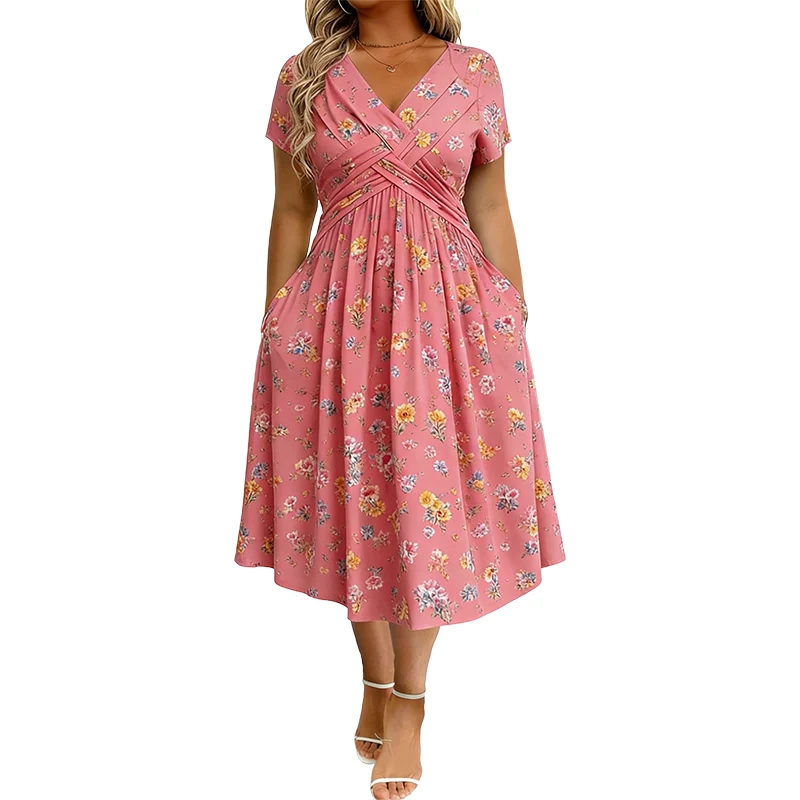 Vestido de mujer con escote en V, estampado floral.