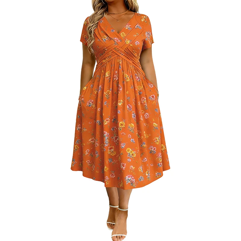 Vestido de mujer con escote en V, estampado floral.