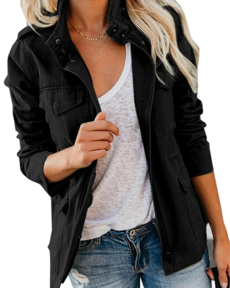 Chaqueta utilitaria de mujer para entretiempo, con cuello alto y bolsillos, de estilo informal