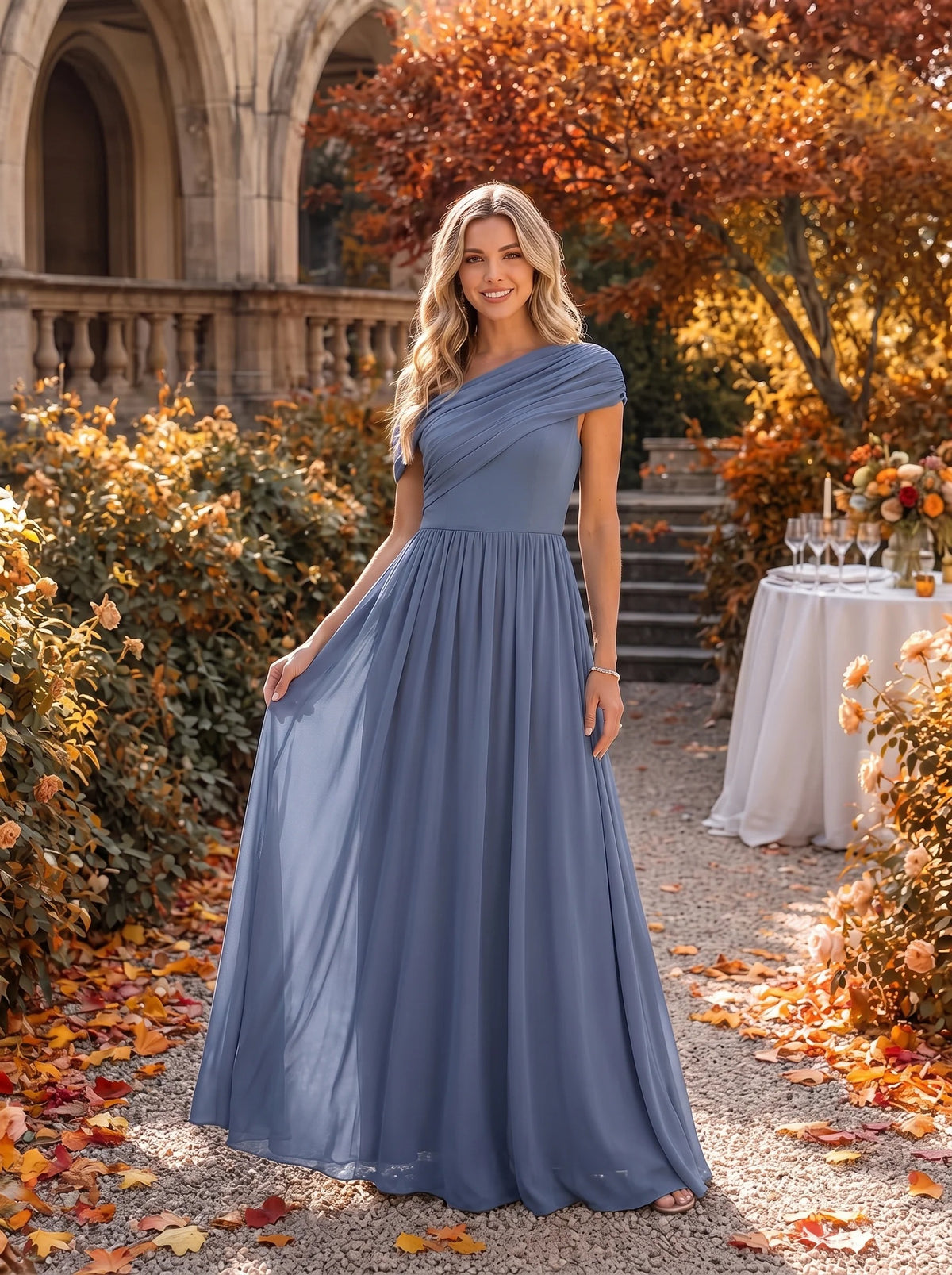 Sandra - Vestido largo asimétrico sin tirantes de corte A con detalle fruncido
