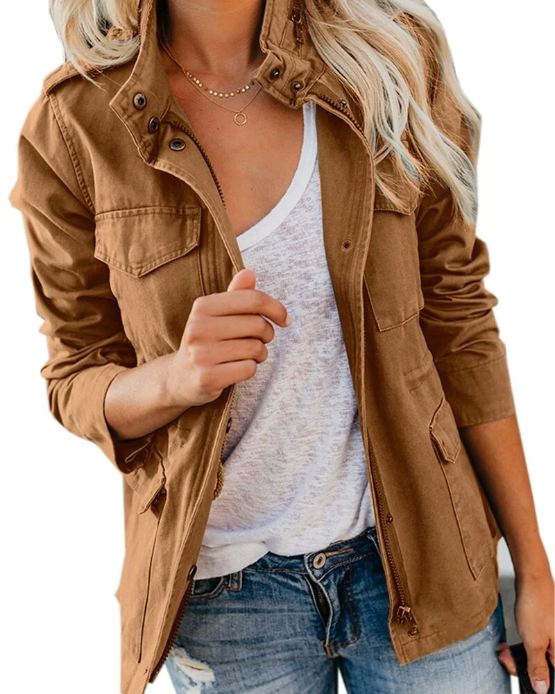 Chaqueta utilitaria de mujer para entretiempo, con cuello alto y bolsillos, de estilo informal