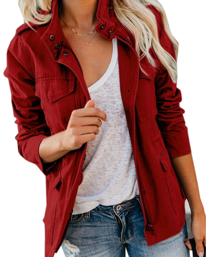 Chaqueta utilitaria de mujer para entretiempo, con cuello alto y bolsillos, de estilo informal
