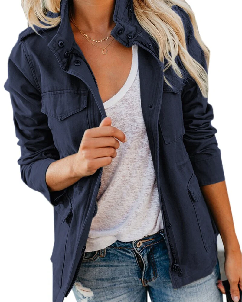 Chaqueta utilitaria de mujer para entretiempo, con cuello alto y bolsillos, de estilo informal